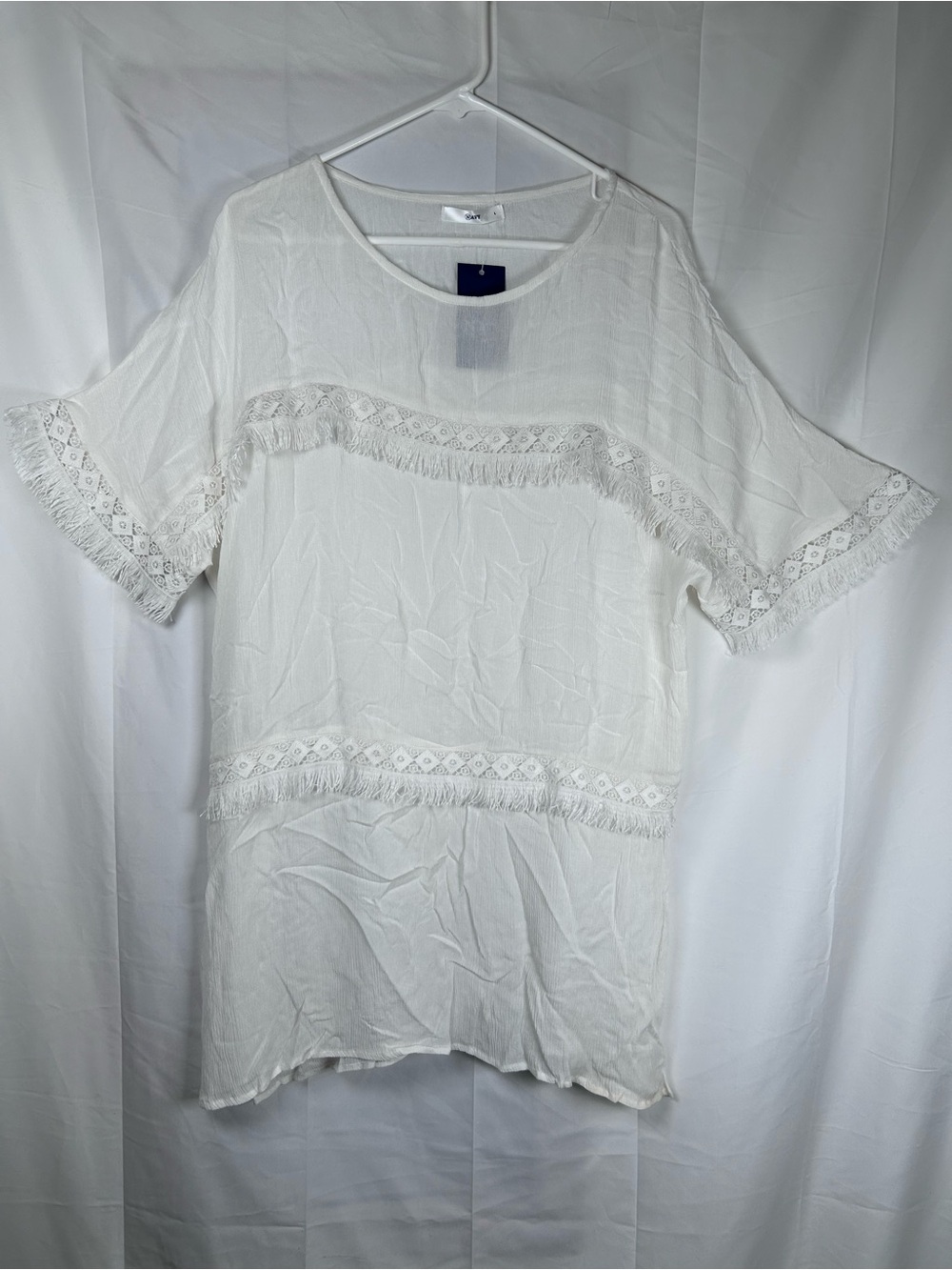 Navy Off White Fringe Top Women’s Large Textured Boho Blouse